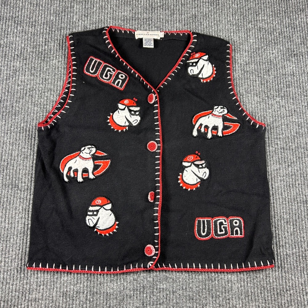 Vintage Castles Sport Sweater Vest Womens L Georgia Bulldogs UGA Knit Black Red